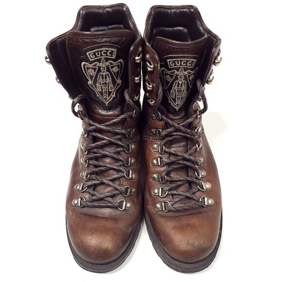 Authentic 2007 Gucci Boots Leather Gucci Size 6.5 USA Mens 7 Brown Logo Patch - Picture 1 of 9